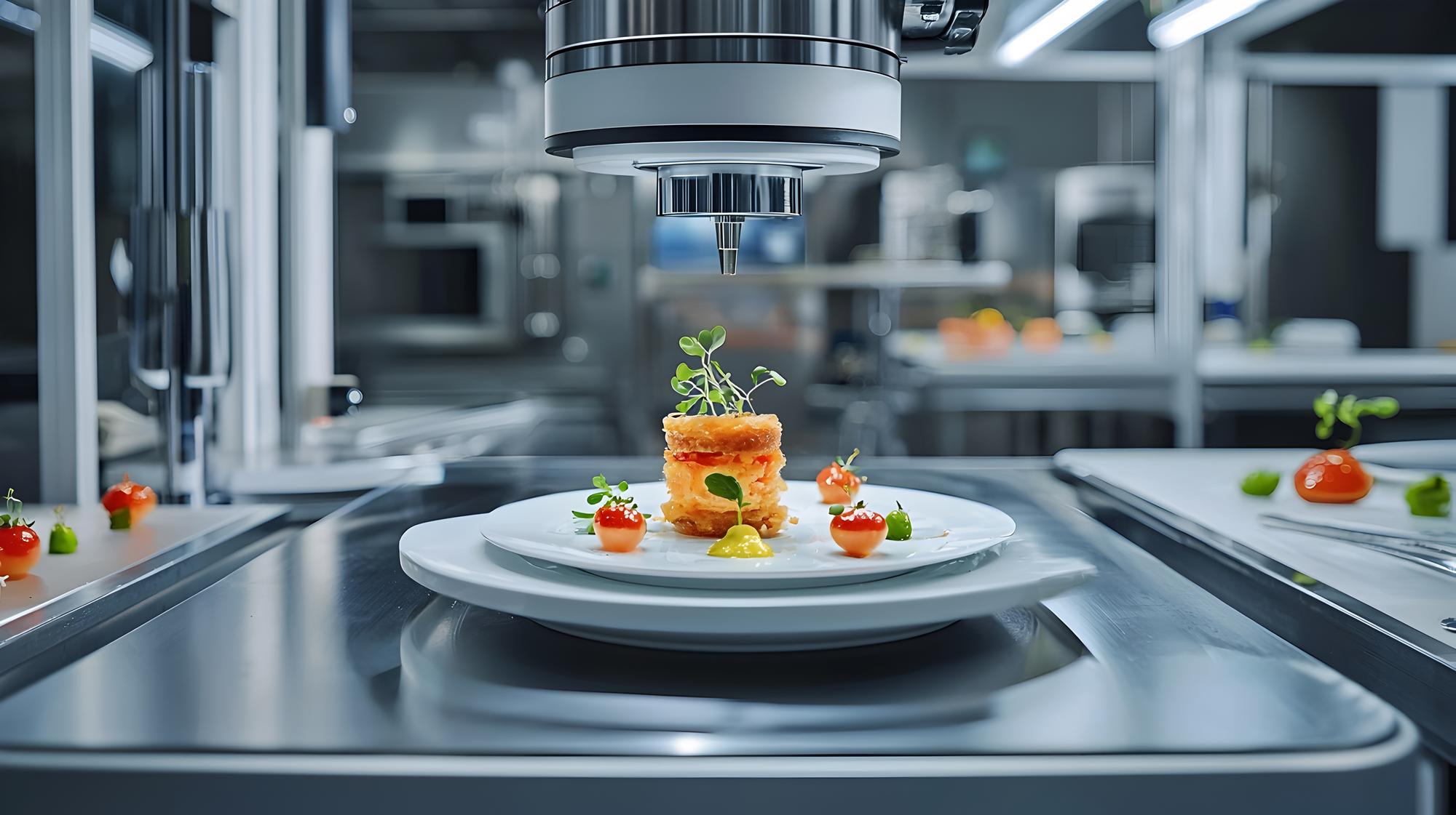 Futuristic kitchen workspace with plated dish and LED lights